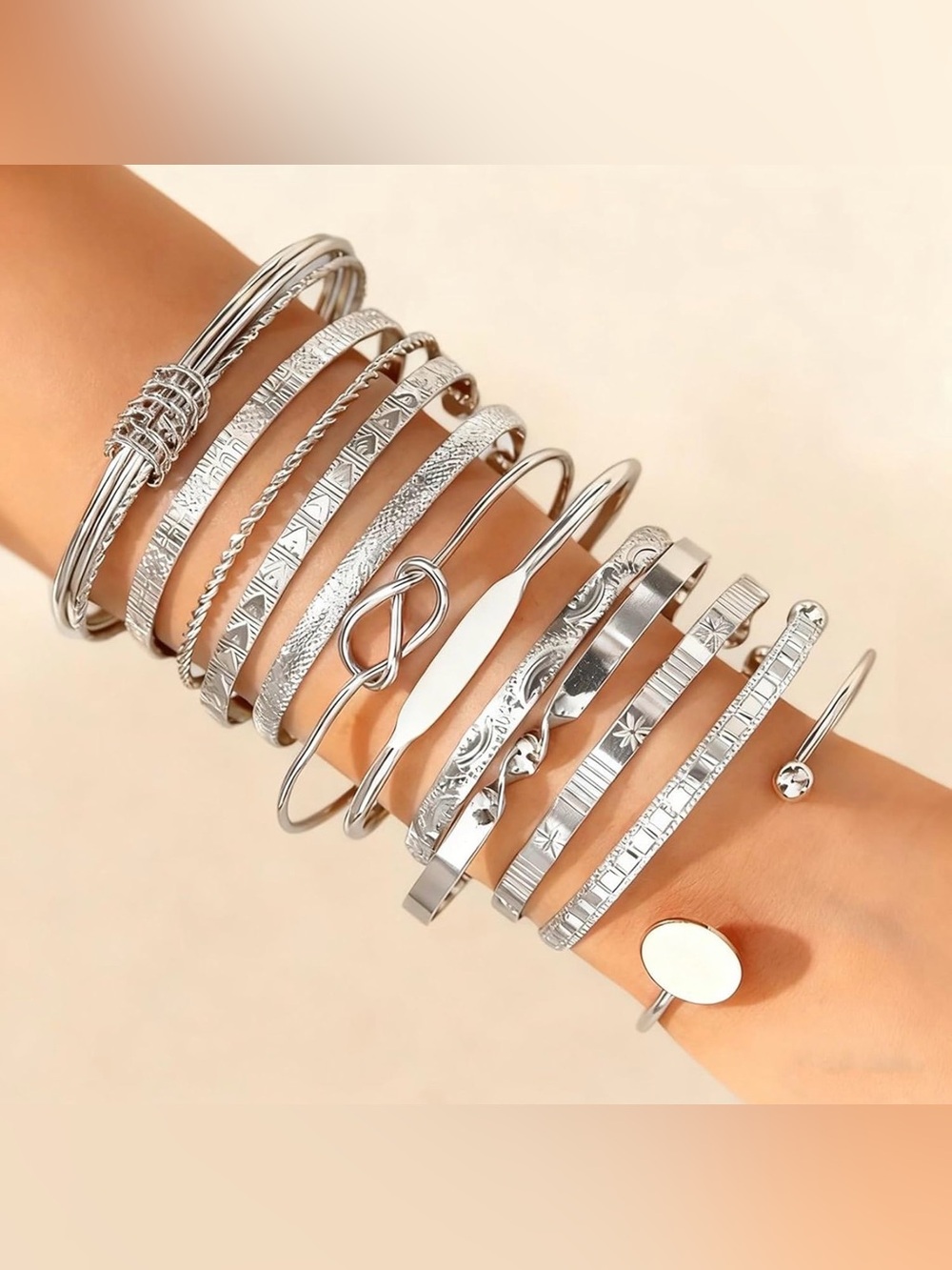 NWT 12 Pc Silver Tone Stacking Bracelet Set Boho Cuff Bangle Lot